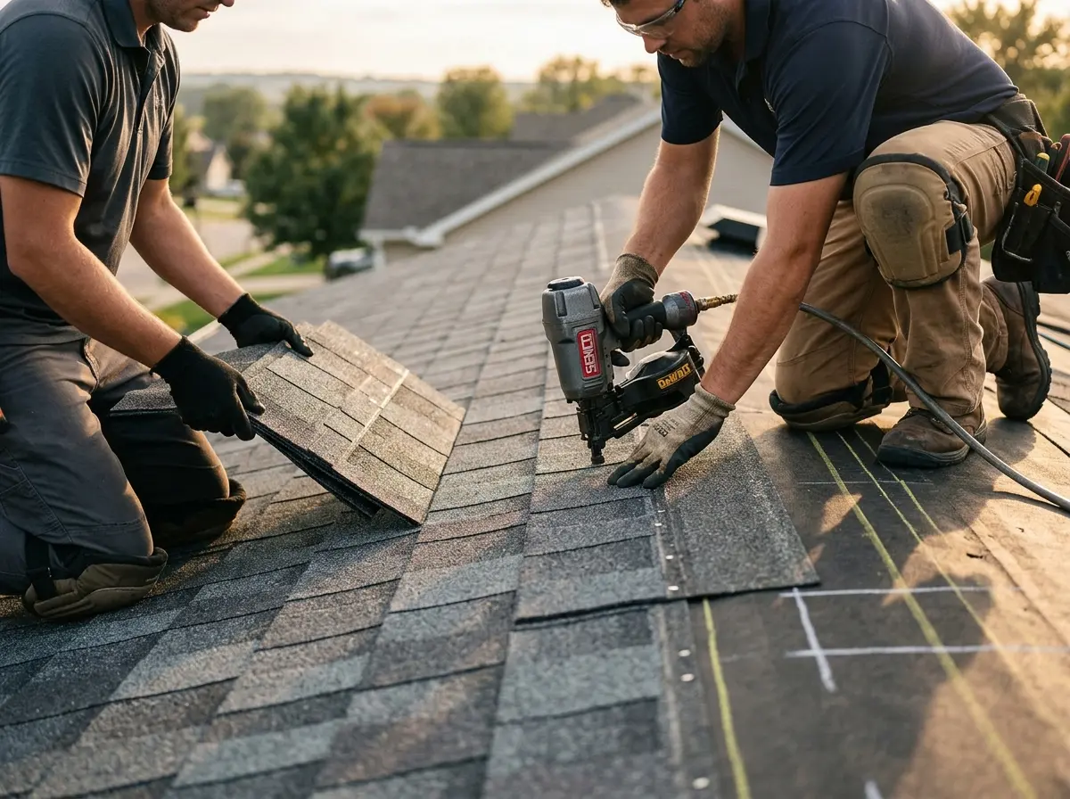 Professional roofer working on a residential roof in Gary